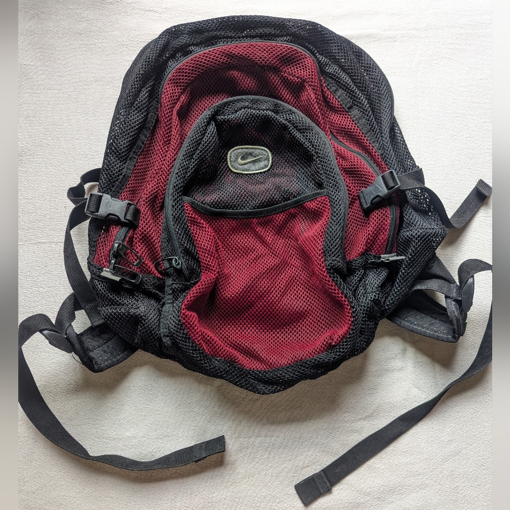 Vintage Nike Red Black Mesh Backpack Roomy See Through